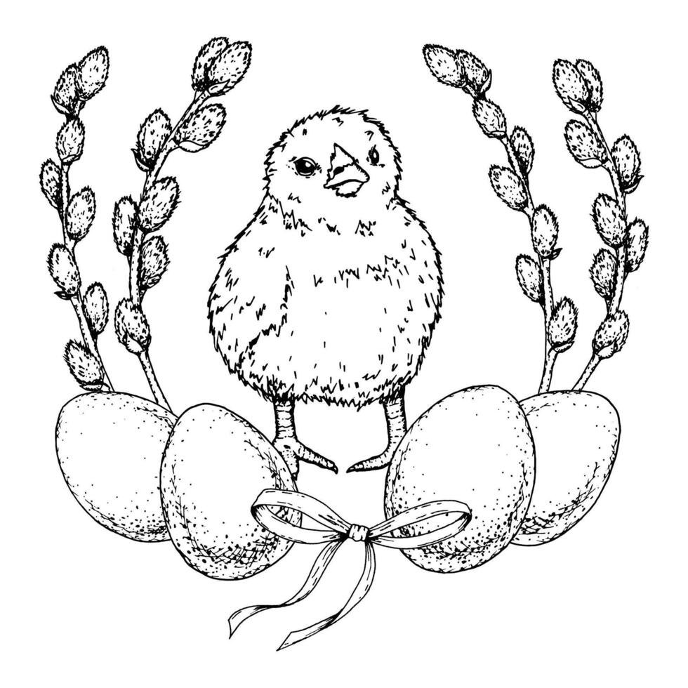 Hand drawn black and white illustration of a fluffy chick with eggs, willow branches and ribbon. Suitable for Easter cards, spring holidays, packaging, prints, crafts and nature projects. vector