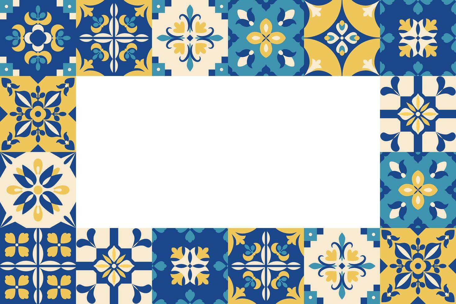 Mediterranean tile frame. Ornamental border pattern. Portugal, Mexican, Italian, Moroccan, Turkish, Spanish backgroound. Blue and yellow ceramic decor design. Azulejos. . vector