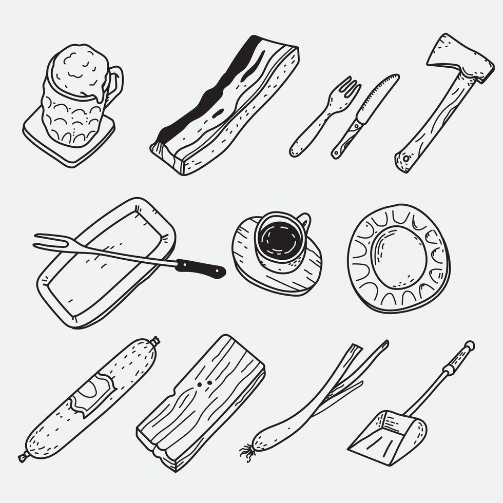 A set of hand drawn objects that include a knife, fork, spoon, and a cup vector