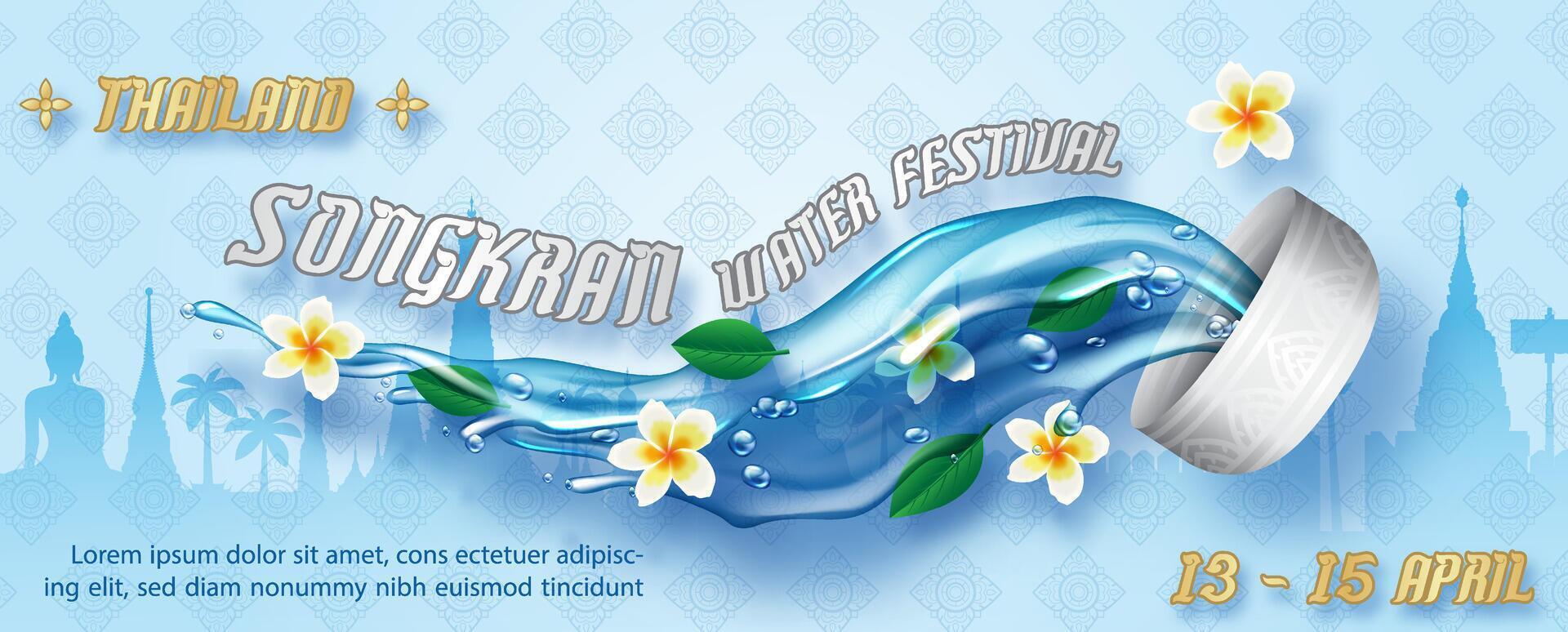 Poster design of Songkran festival with realistic splash water from silver bowl and flowers decorated, wording of event on Thailand landscape with the Thai art pattern and gradient blue background. vector