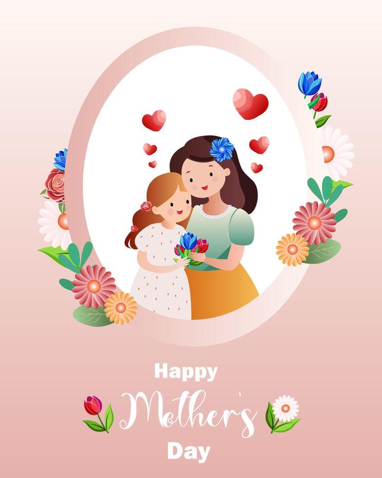 Happy Mother's Day greeting card with mother and daughter hugging inside floral frame. Decorative holiday design with hearts and flowers on pink background vector