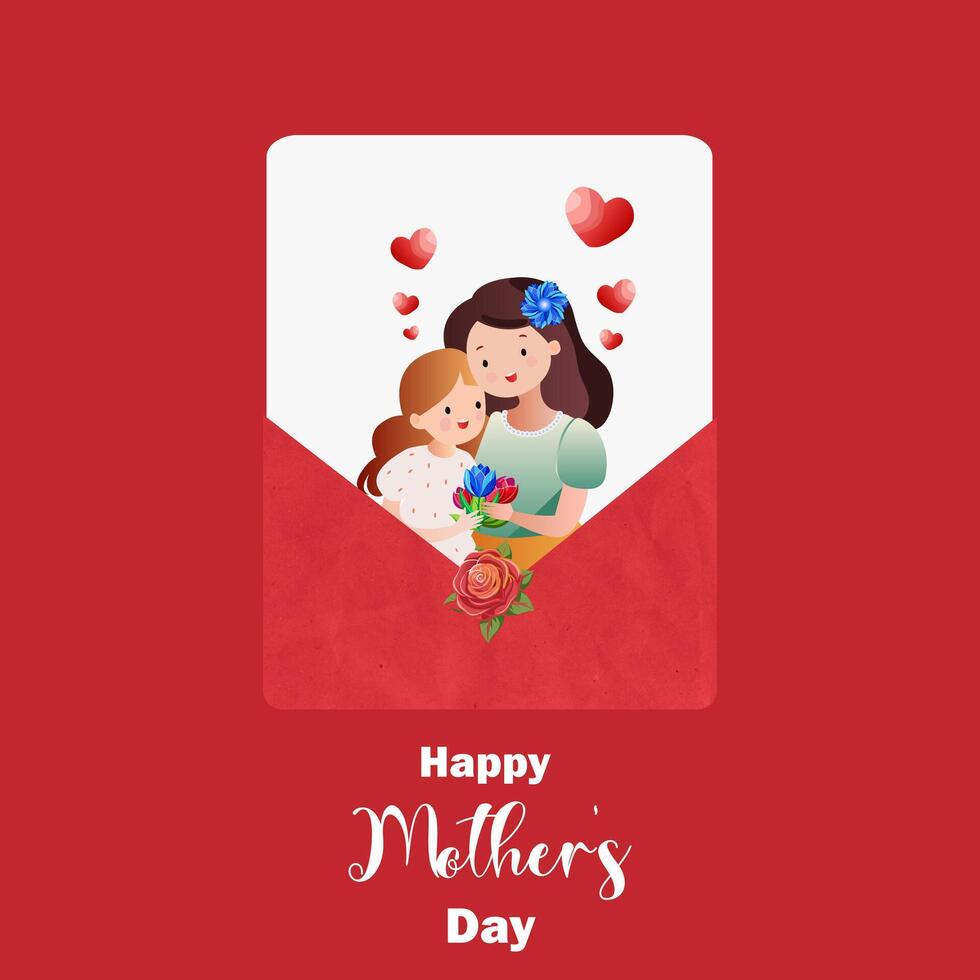 Mother and daughter illustration with flowers and hearts inside red envelope. Happy Mother's Day greeting card design vector
