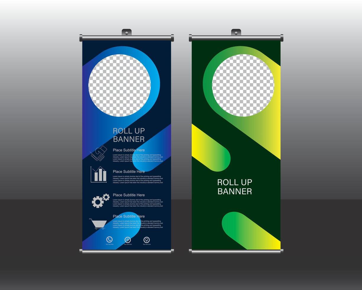 Roll up banner stand design template, Blue and Green Color vector