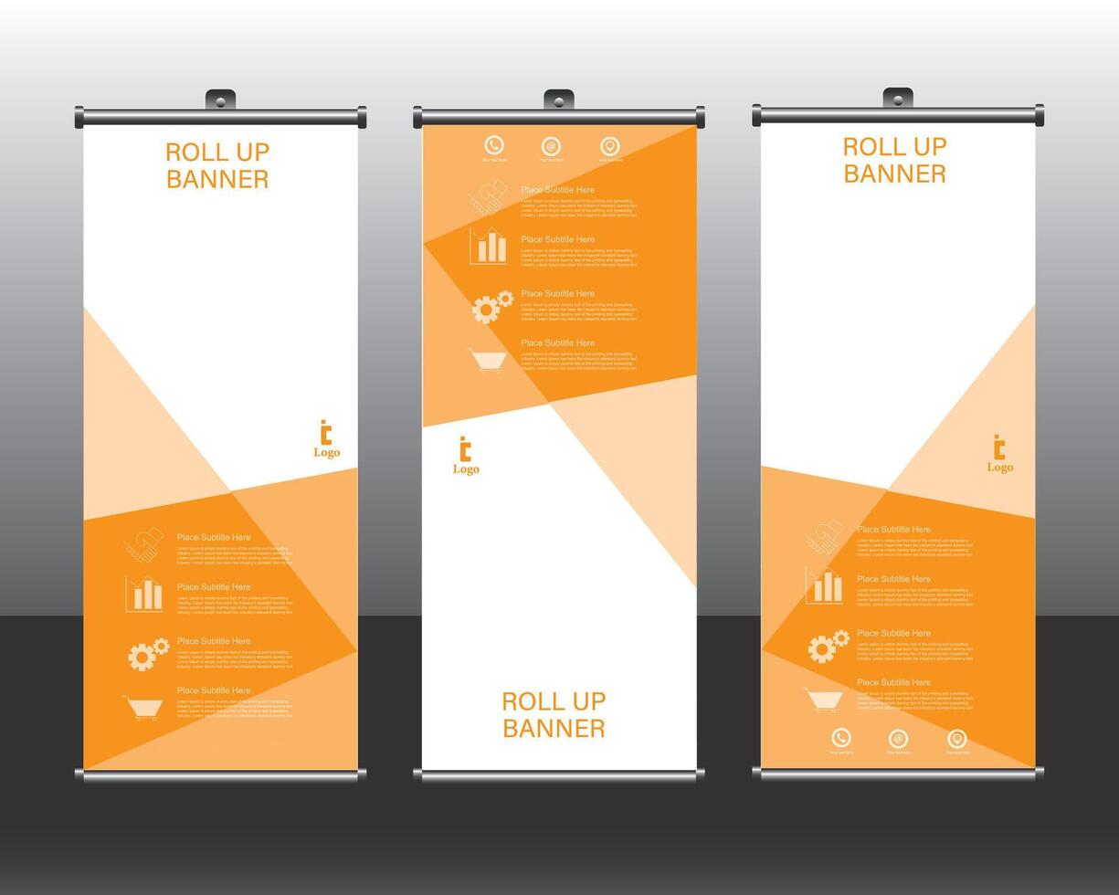 Three roll up banners with orange and white geometric shapes vector