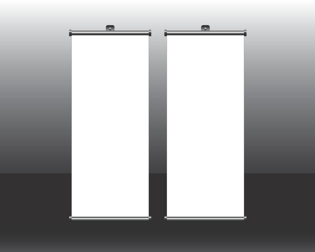 Two blank roll up banners on a gray background vector
