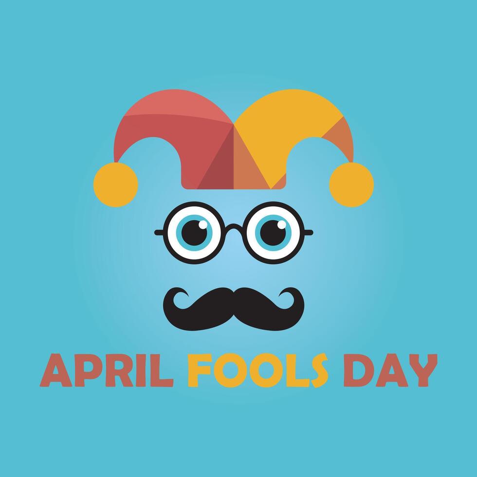Simple April Fools Day Design, Jester Hat, Glasses, Mustache, and Clean Typography Graphic vector