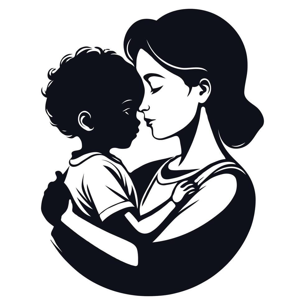 A black and white silhouette of a mother and child vector