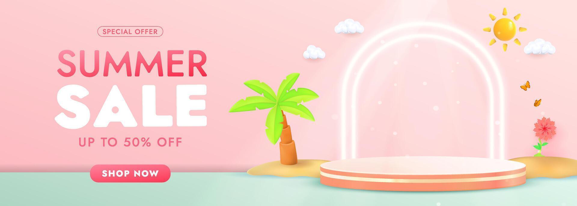 Colorful Summer Sale Banner with Tropical Elements and Seasonal Discounts Highlighted vector