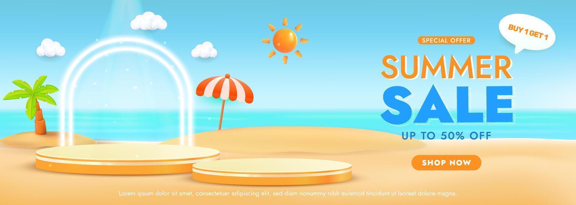 Summer Sale Banner with Beach Themed Background and Promotional Text Design vector
