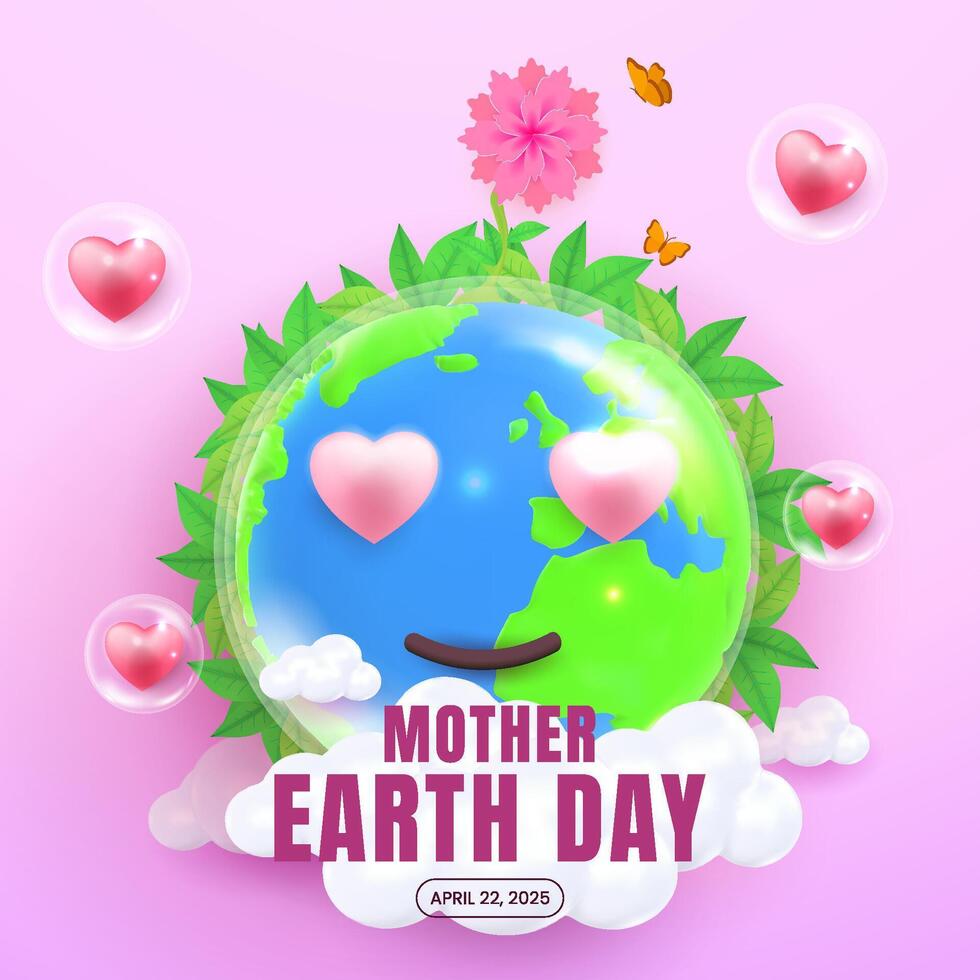 Greeting Earth Day Celebration With Smiling Planet and Heart Symbols vector