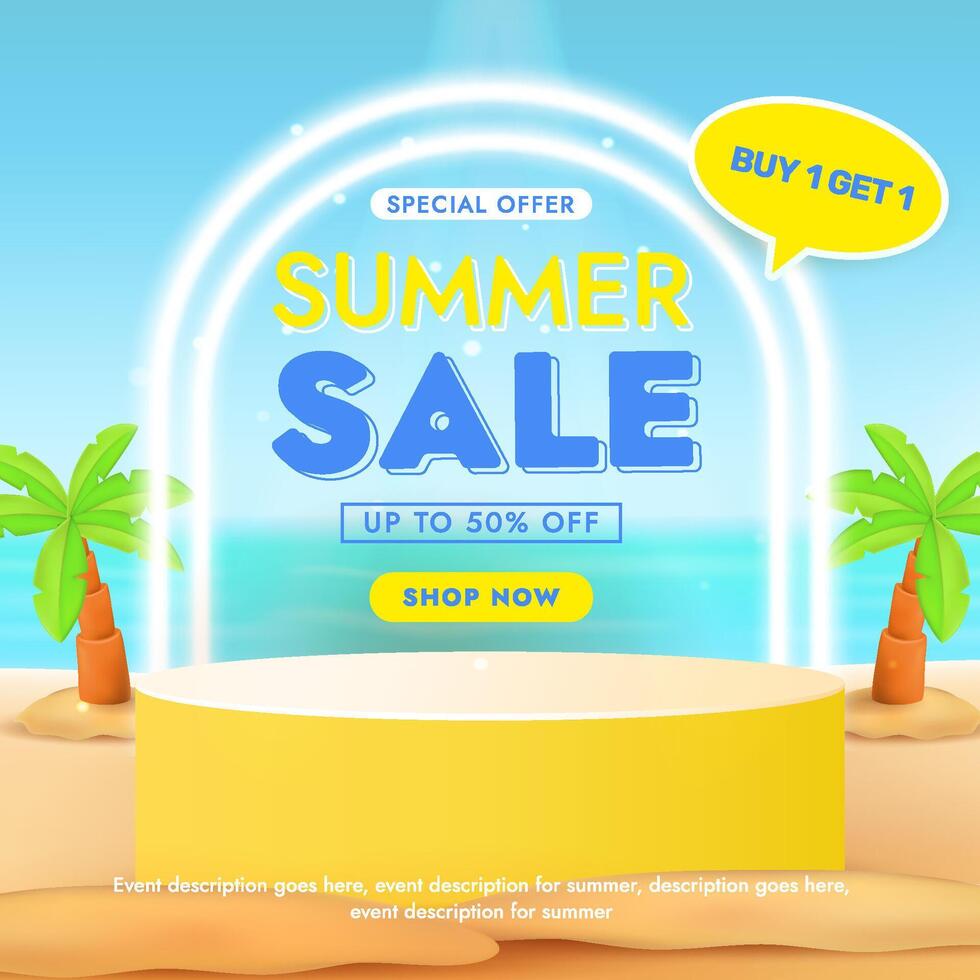 Summer Sale Promotion with Beach, Palms, and Attractive Discount Offers vector