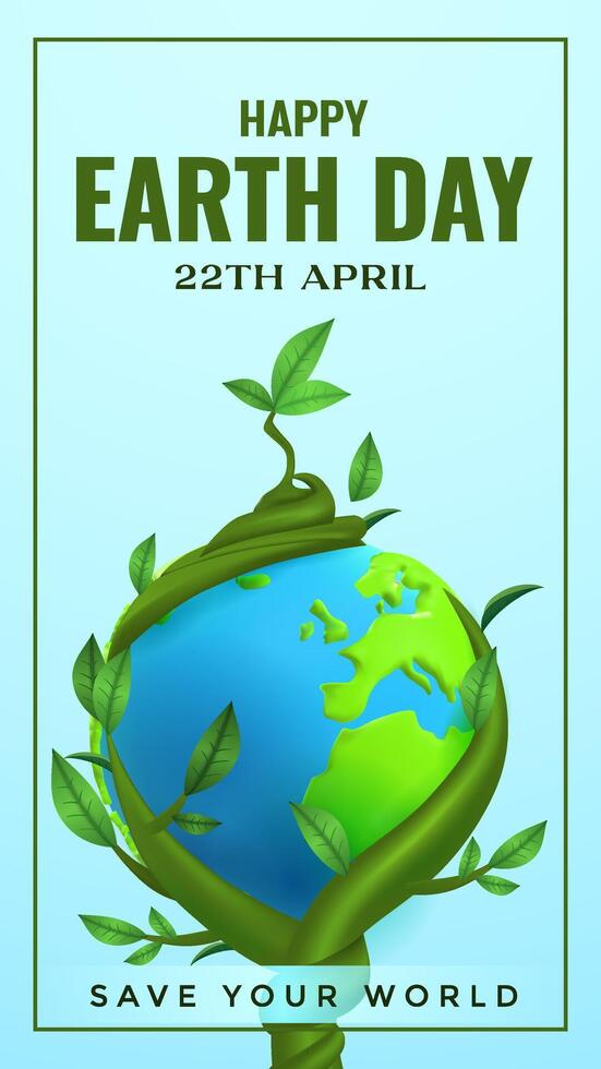 Happy Earth Day Poster with Globe Wrapped in Green Vines and Leaves. vector