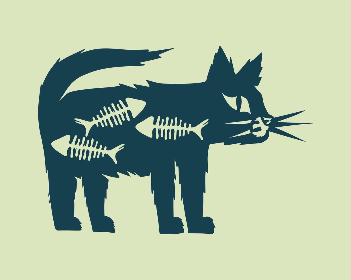 Silhouette cat and fish spines clip art illustration pet kitten sticker t shirt design print art editable vector