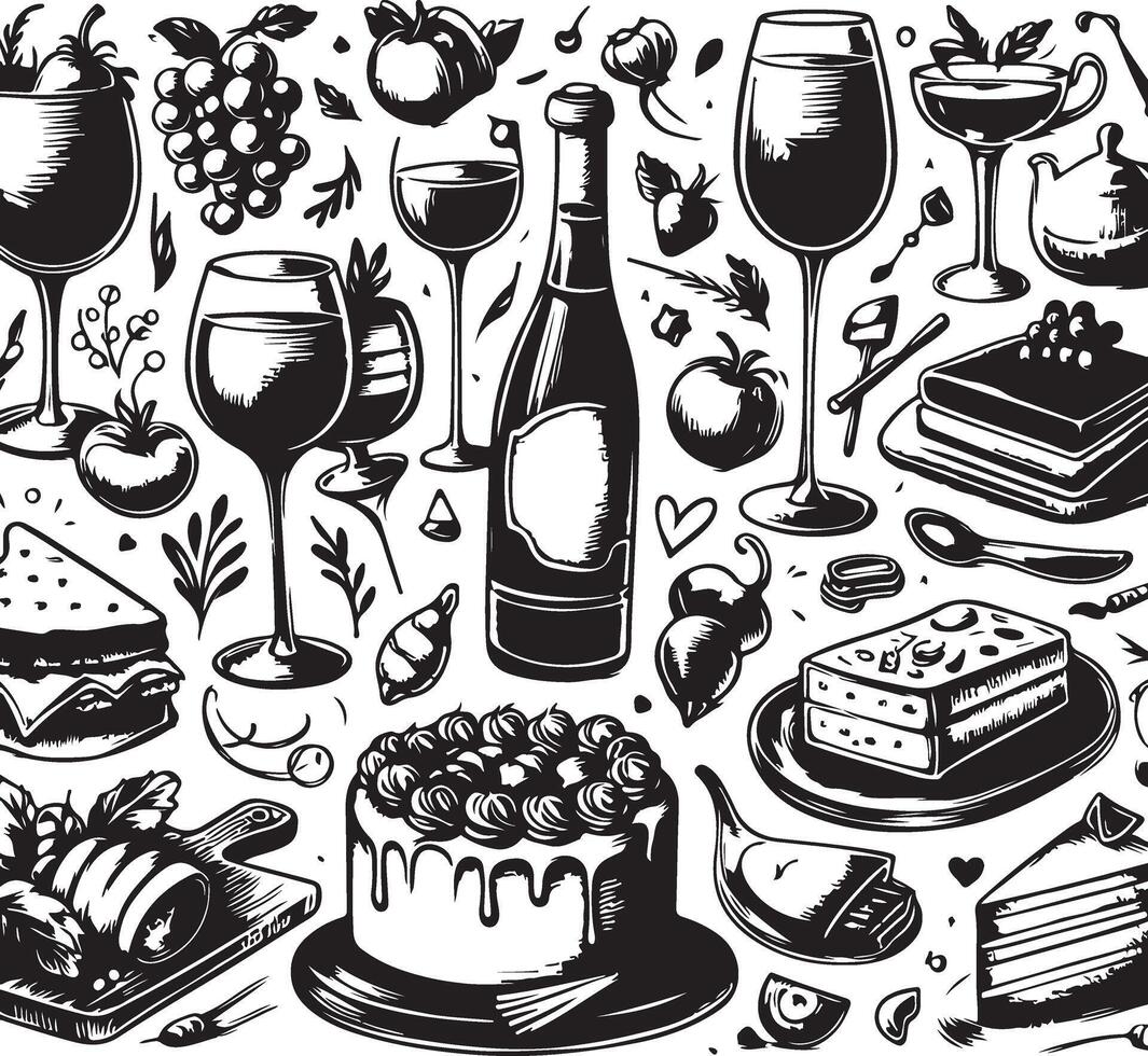 chalk style food illustrations in ink doodle sketch vector