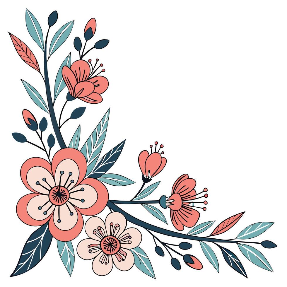 Floral Corner Design Peach Blossoms, Leaves, Branch, Illustration vector