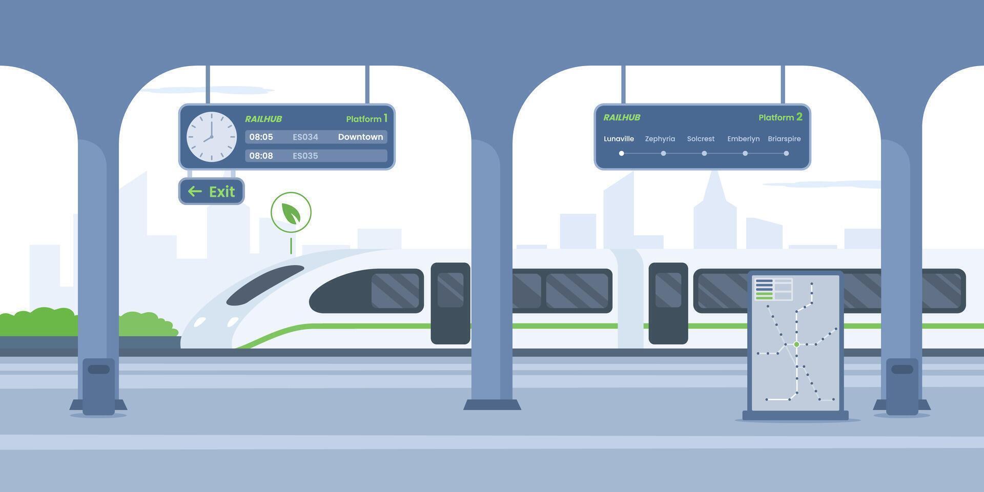 high speed electric train on the Train station platform with schedules, and map, perfect for travel posters, transportation blogs, and urban life publications. vector