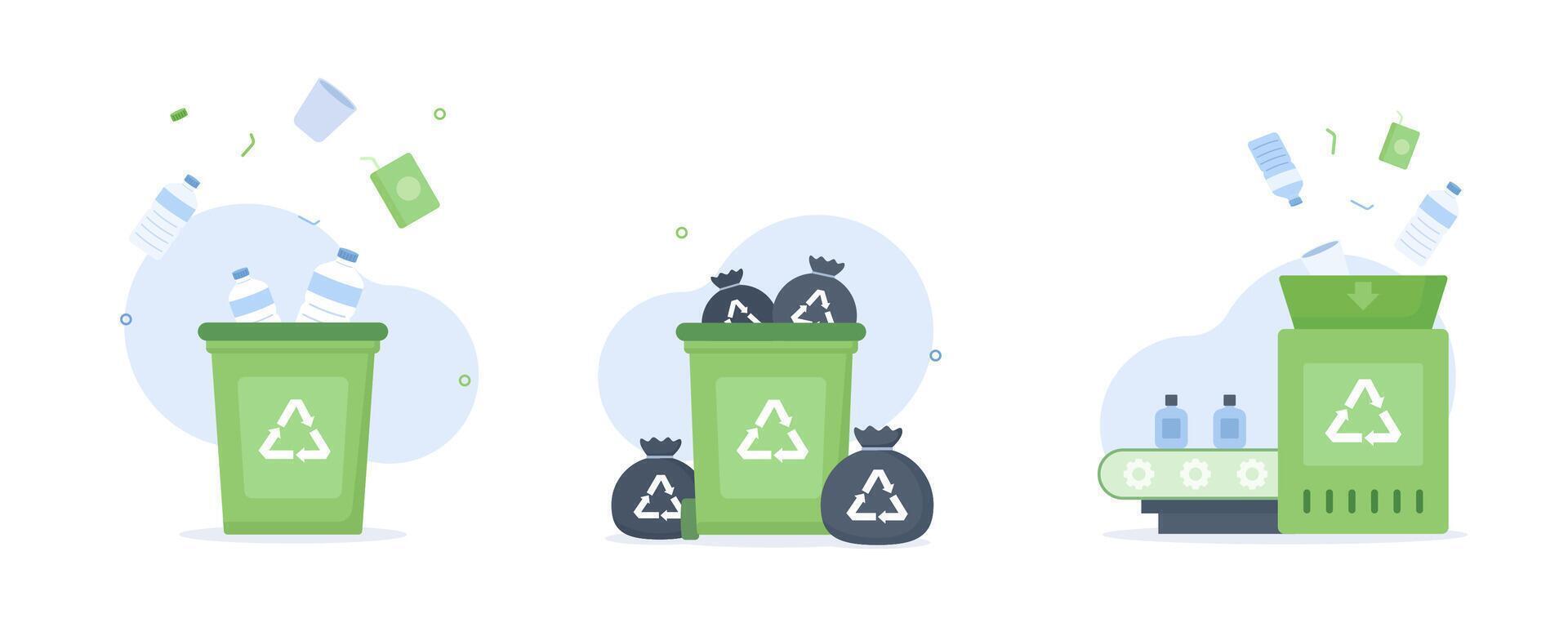 Recycling illustration set. collecting trash, waste disposal, and material reuse. Ideal for sustainability campaigns, environmental education, and waste management infographics. vector