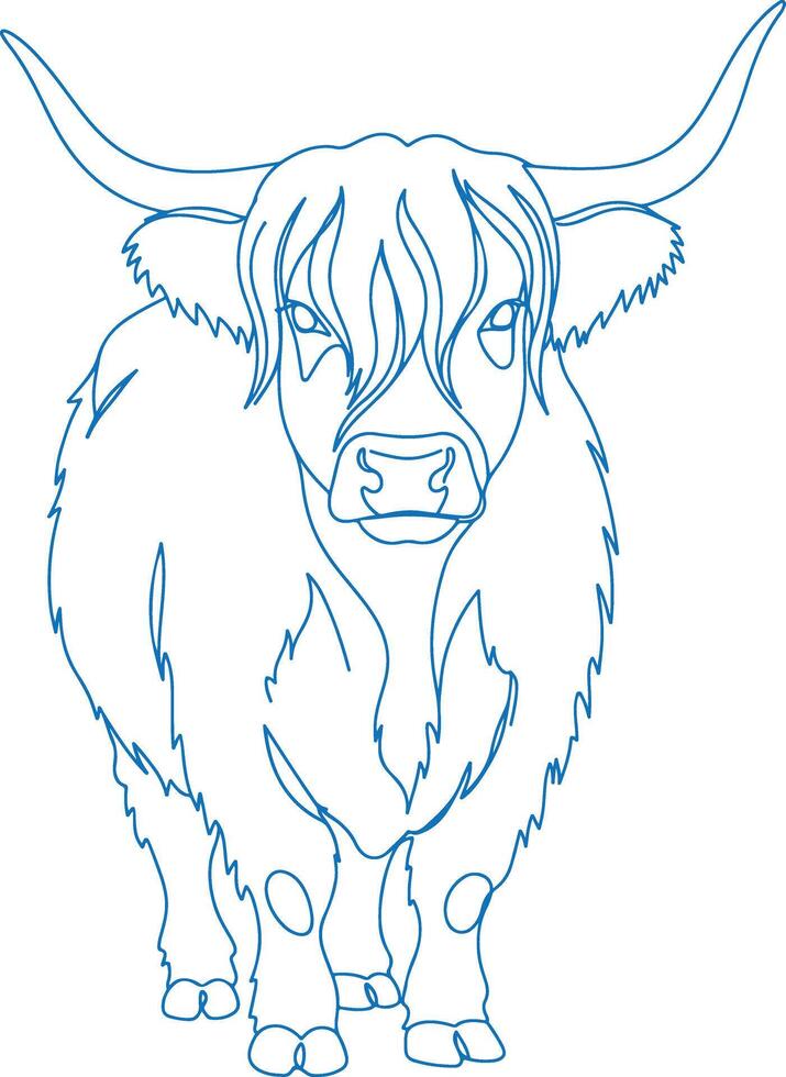 Minimalist Highland cow line art illustration, single continuous stroke drawing of a Scottish cattle breed with long shaggy hair and curved horns vector