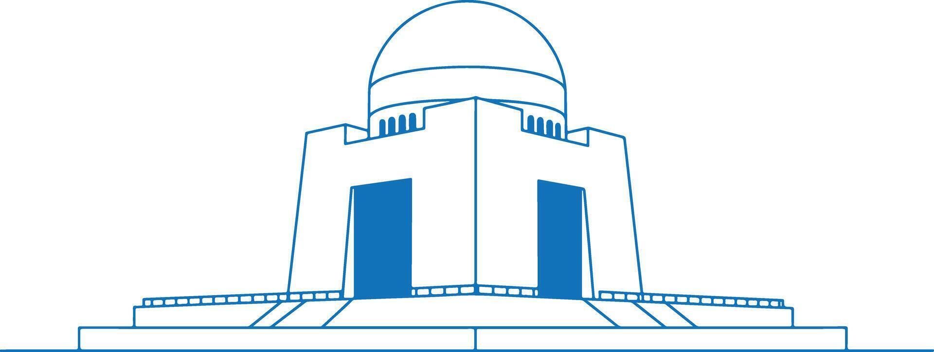 Minimalist digital line art of Mazar-e-Quaid, the tomb of Muhammad Ali Jinnah, in Karachi, Pakistan, featuring a dome and geometric architectural design in a modern, clean style vector