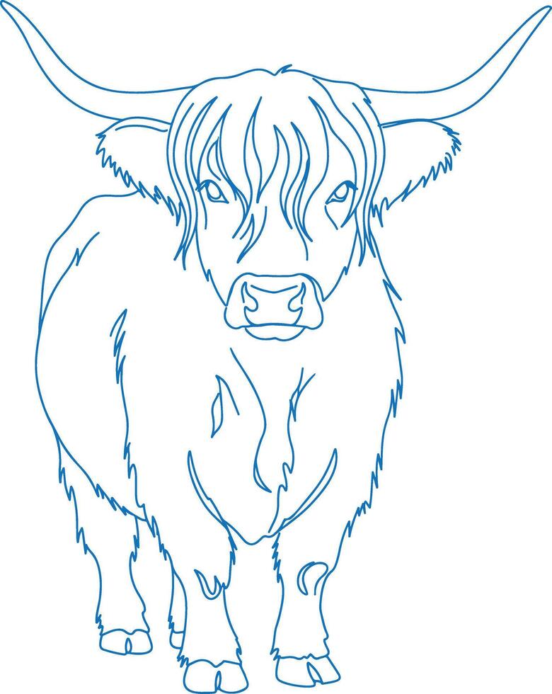 Modern minimalist Highland cow line drawing, elegant single-line sketch of a Scottish cattle vector