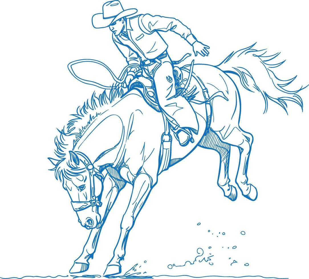 Retro hand-drawn cowboy riding a bucking bronco in a classic rodeo event, vintage Western equestrian illustration, rustic country ranch artwork, wild horse action sketch vector
