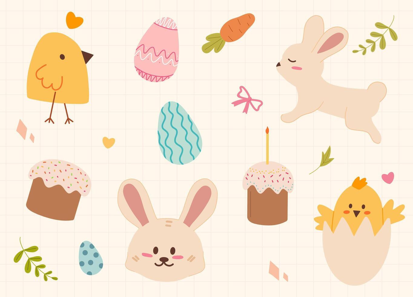 Cute Easter-themed set with a bunny, chicks, decorated eggs, festive cakes, and floral details. The pastel color palette and hand-drawn elements vector