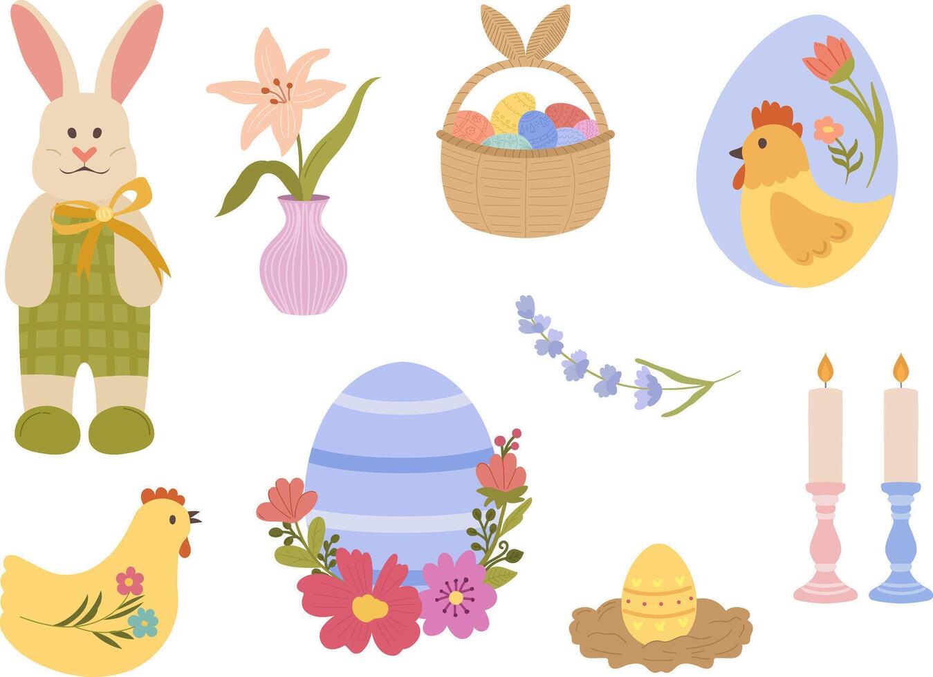 Set of Easter-themed elements featuring a bunny in overalls with a bow, a hen, decorated eggs, a basket filled with colorful eggs, a vase with flowers, two candles on holders vector