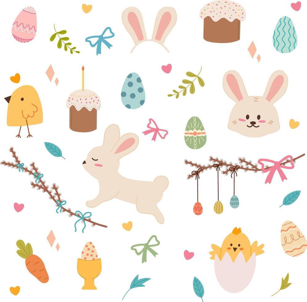 Easter set featuring bunnies, chicks, decorated eggs, festive cakes, carrots, ribbons, and branches arranged on a light background. vector