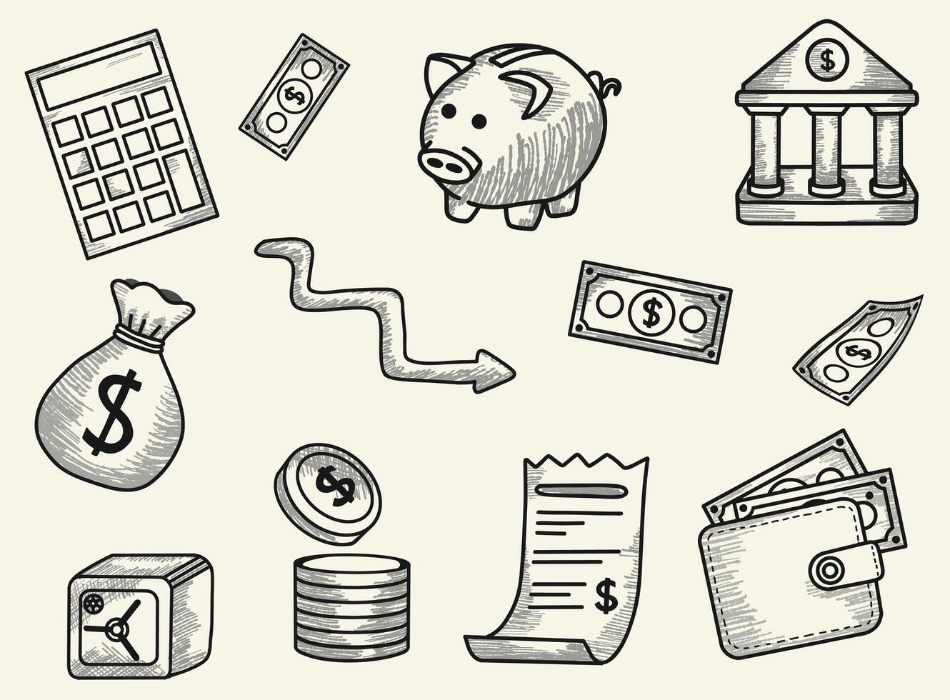 Monochrome hand-drawn finance-themed illustration with money-related objects such as coins, bills, a receipt, and a bank building. vector