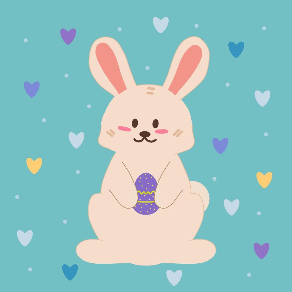 Rabbit holding a decorated Easter egg, surrounded by small hearts on a pastel background. vector