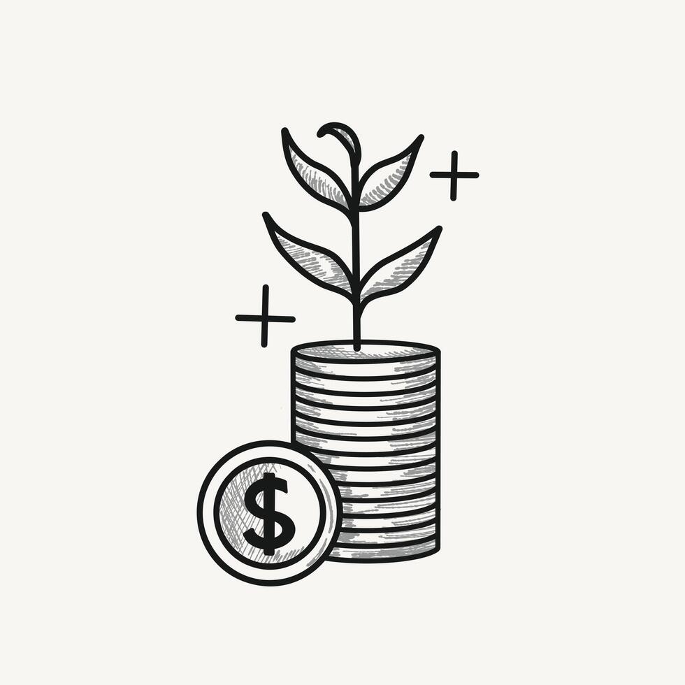 Stack of coins with a growing plant on top and a single coin placed beside it. The monochrome sketch style gives the design a minimalistic and vintage look on a light background vector