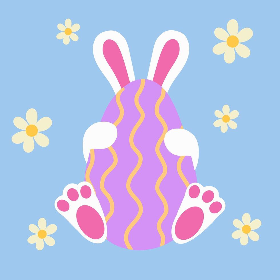 A bunny holding a decorated Easter egg, surrounded by small flowers on a pastel background. vector