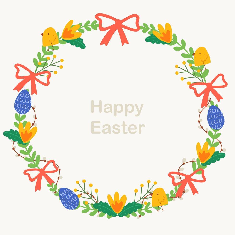 Floral Easter wreath decorated with ribbons, eggs, small yellow chicks, and blooming flowers arranged in a circular frame. vector