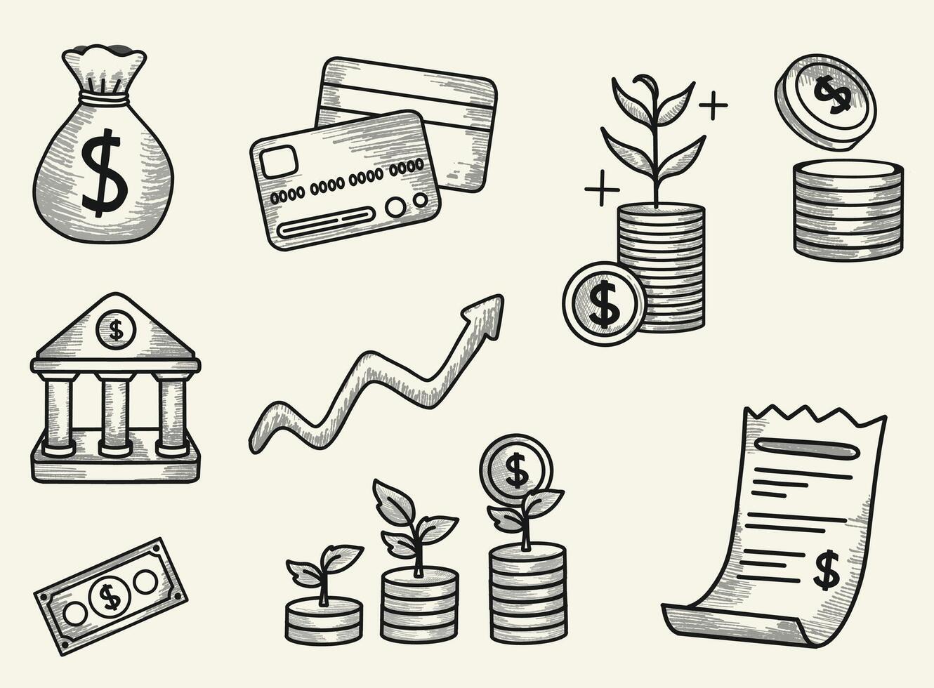 Vintage-style sketch of finance-related icons, including banknotes, investment growth, a transaction receipt, and a rising market chart vector