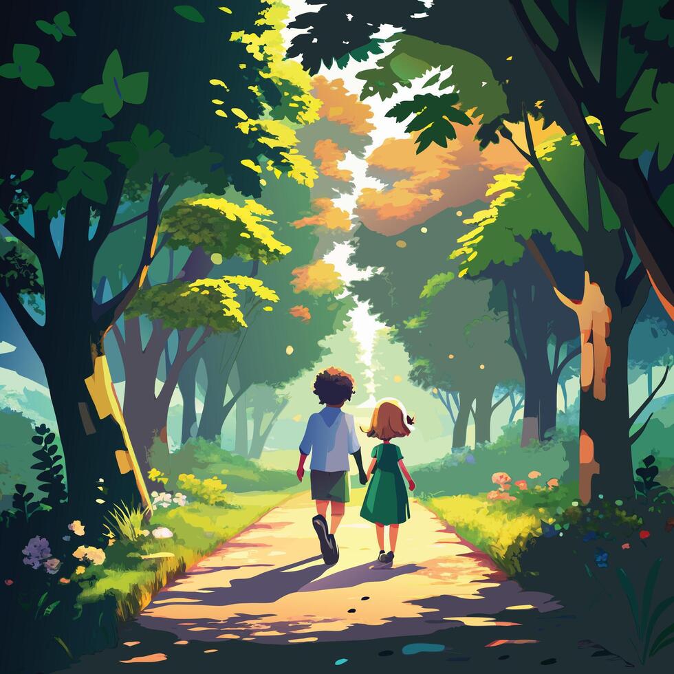 a couple walking down a path in the woods vector