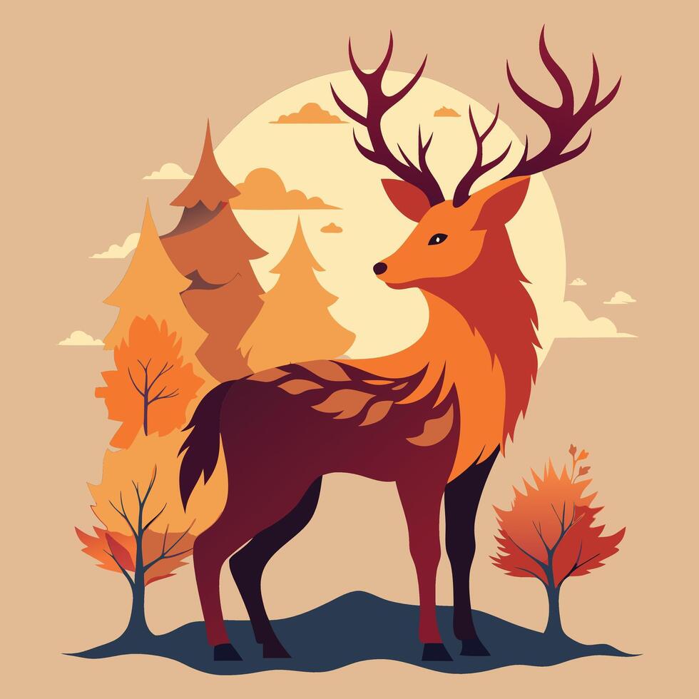 a deer in the forest with trees and mountains vector