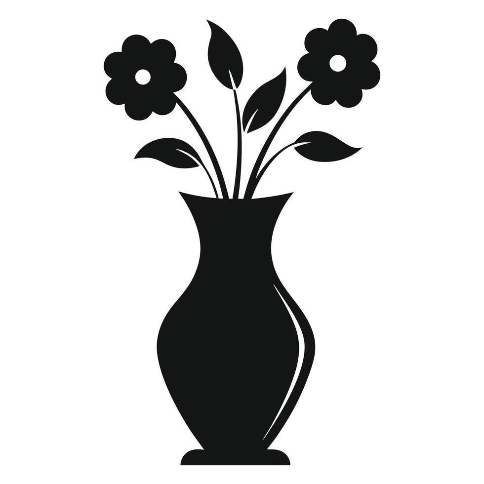 black and white illustration of a vase with flowers. vector