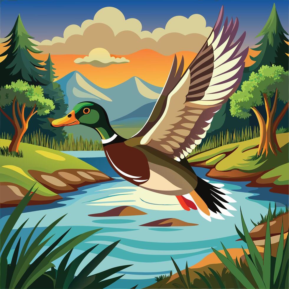 a cartoon duck flying over a river and mountains vector