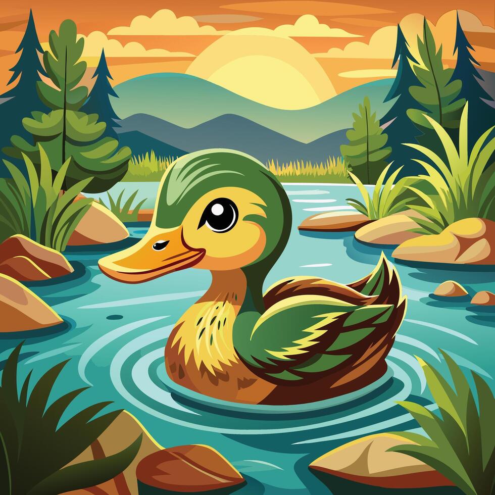 a cartoon duck swimming in a river with trees and rocks vector