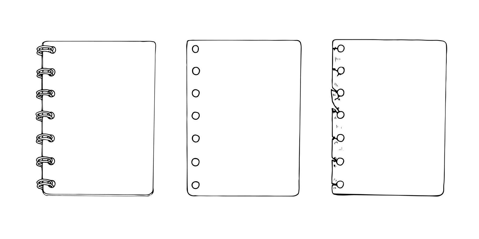 illustration of a set of blank paper sheets. Hand drawn sketch featuring notepads, spiral bound pages, and memo sheets, perfect for planners and journals. Isolated on a white background vector