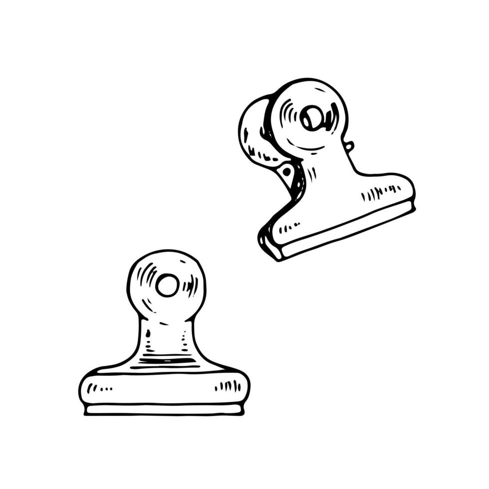 illustration of a set of bulldog clamps. Hand drawn sketch of paper fasteners, binder clips and stationery holders. For office, school and journaling designs. Isolated on a white background vector