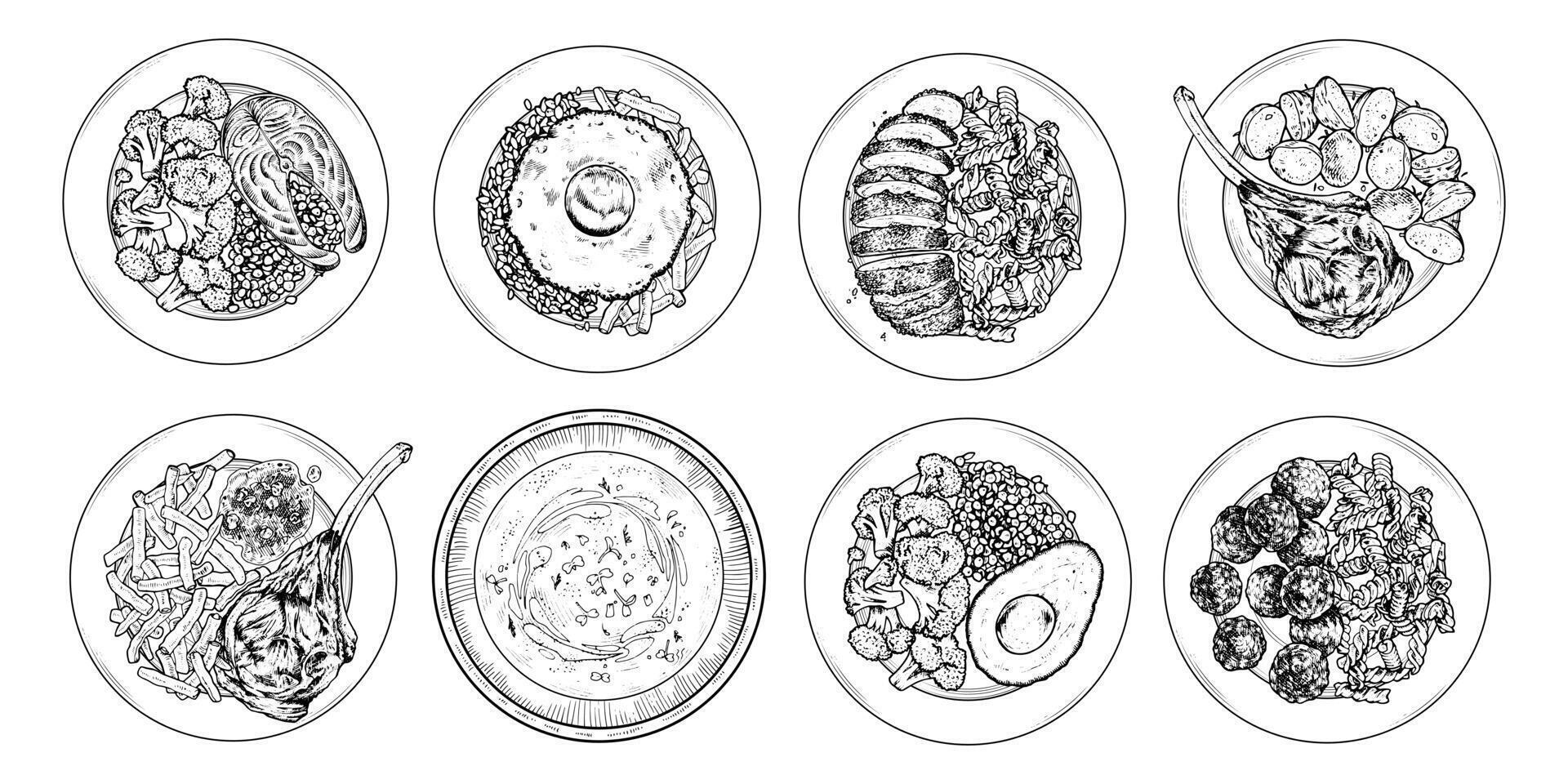 illustration of a balanced meal set in top view. Hand drawn dishes in black and white. Vintage engraving style food sketch perfect for meal prep and diet planning. Ideal for culinary designs vector