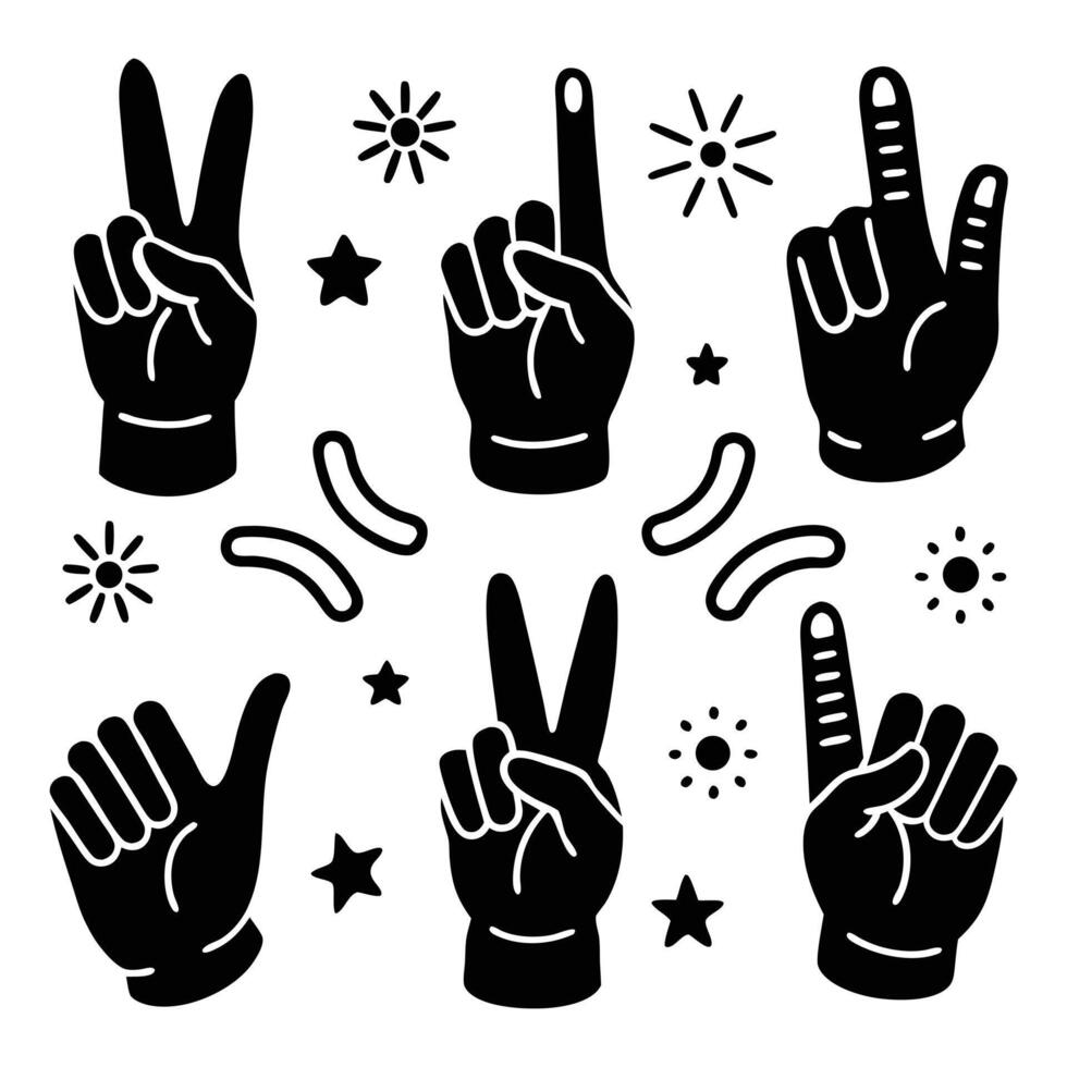 a set of black and white hand gestures with a peace sign vector