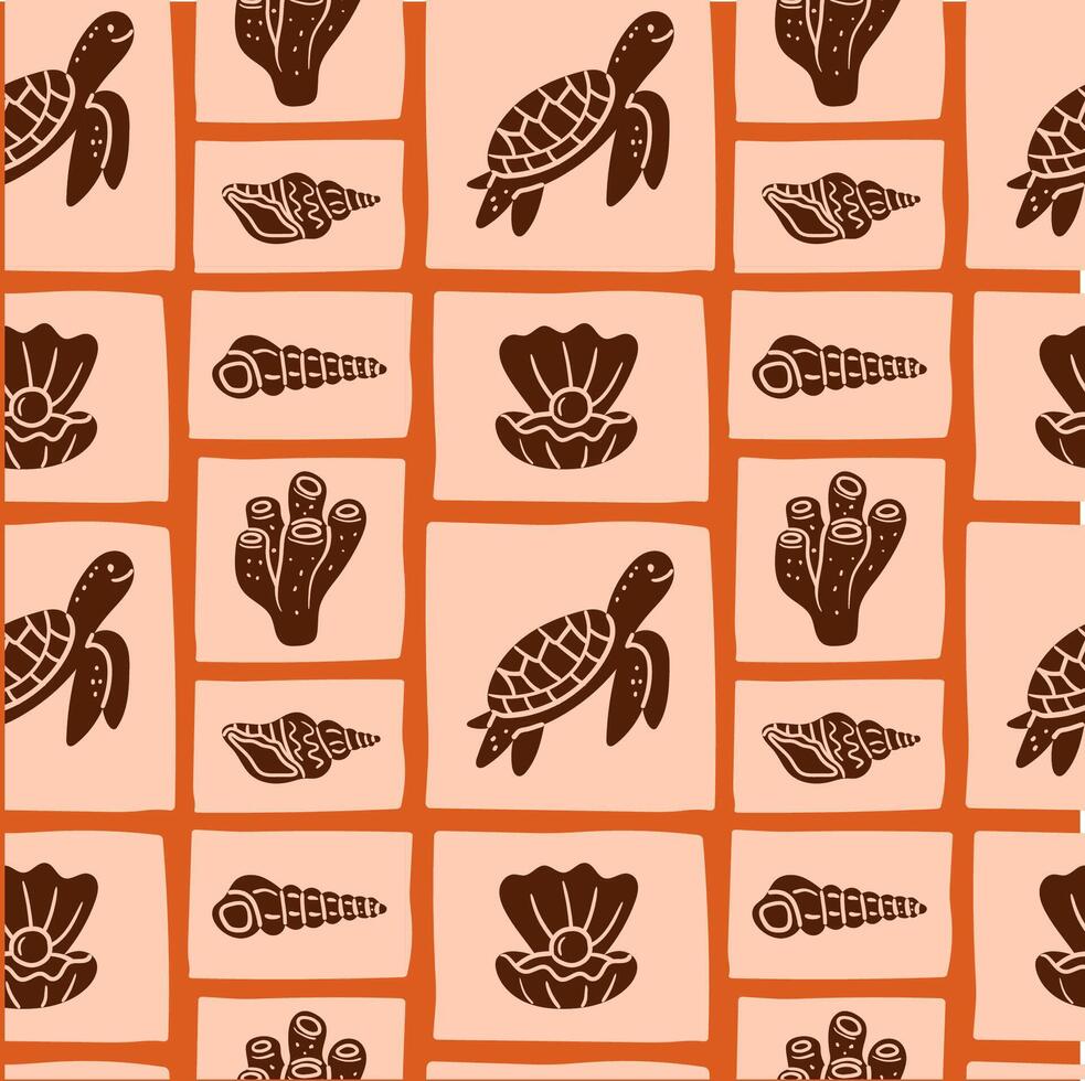 Seamless marine pattern with turtles, shells, corals, and pearls in a warm color palette. Hand-drawn tribal look, perfect for ocean-themed textiles, packaging, and summer designs. vector