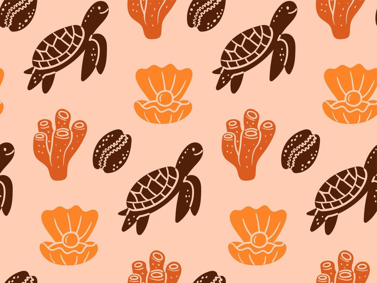 Hand-drawn doodle seamless pattern of ocean elements, including turtle, shells, coral, and clam with pearl, ideal for marine decor, beach designs, and underwater themes vector