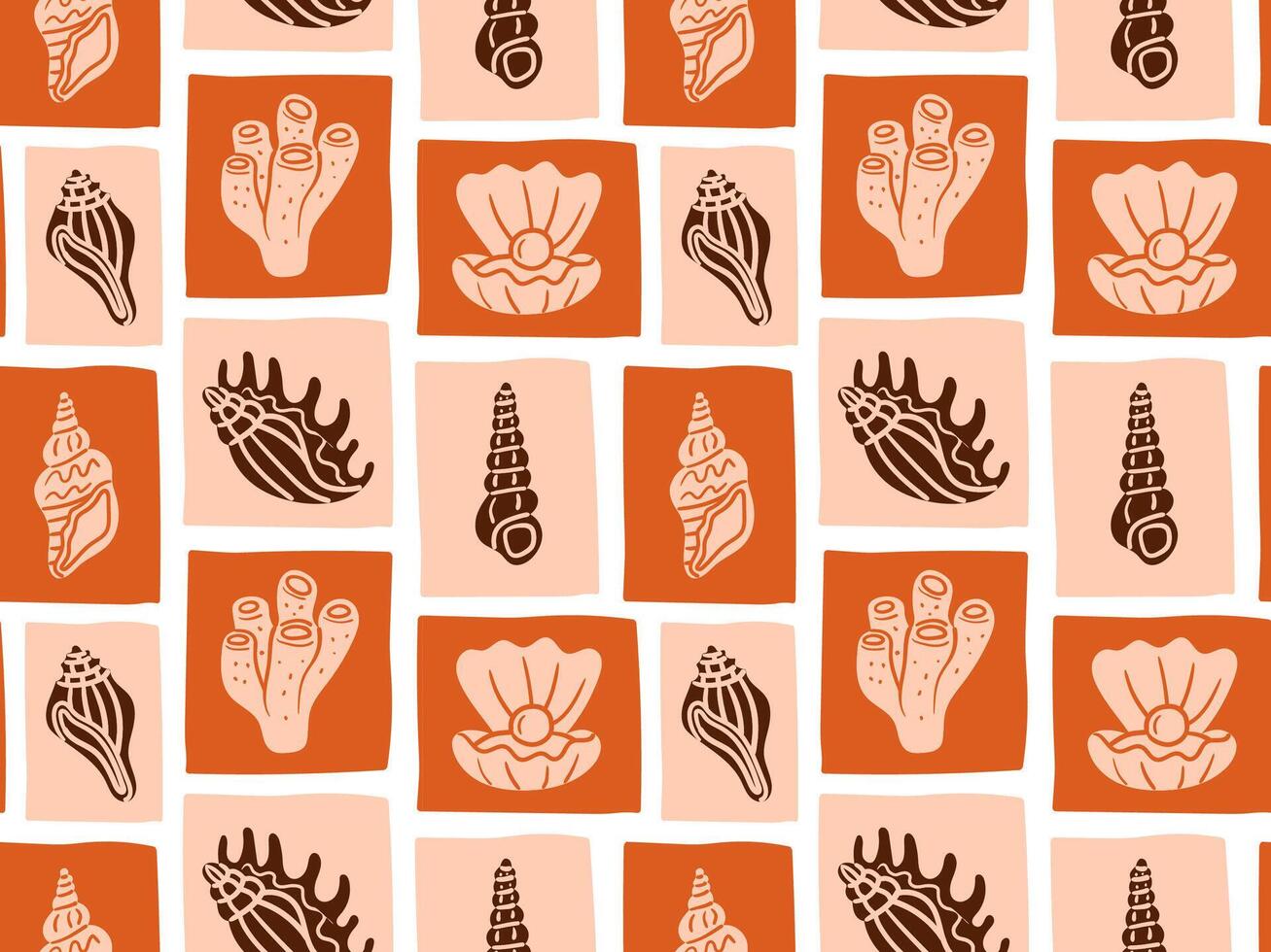 Hand-drawn doodle seamless pattern of ocean elements in frames, including shells, coral, and clam with pearl, ideal for marine decor, beach designs, and underwater themes vector