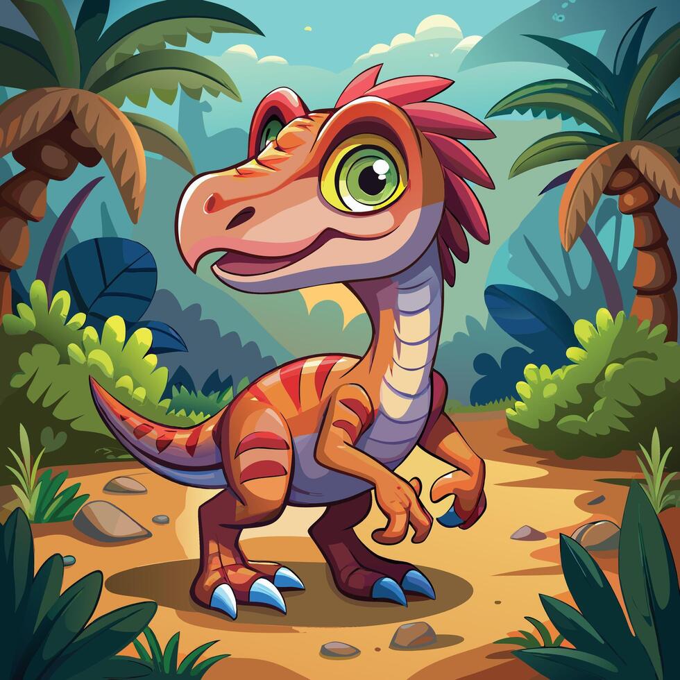 cartoon illustration of a cute dinosaur in the jungle vector