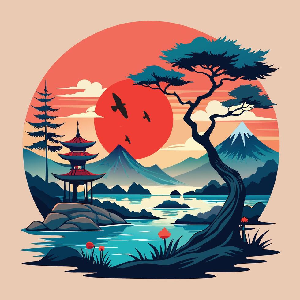 Japanese landscape with a pagoda and birds vector