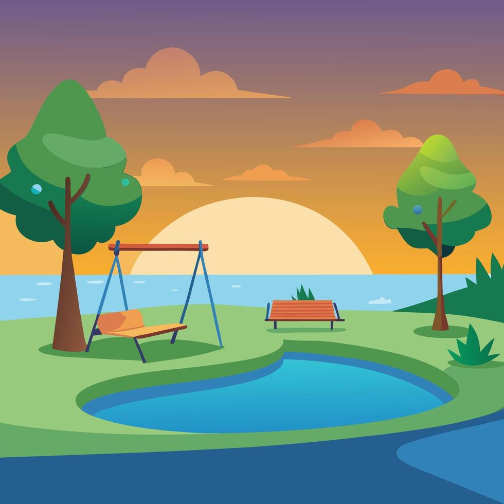 a park scene with a swing and bench vector