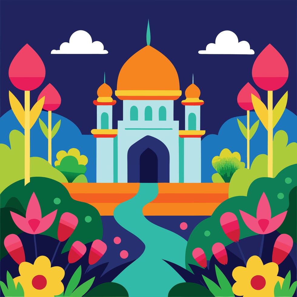 an illustration of a mosque with flowers and trees vector